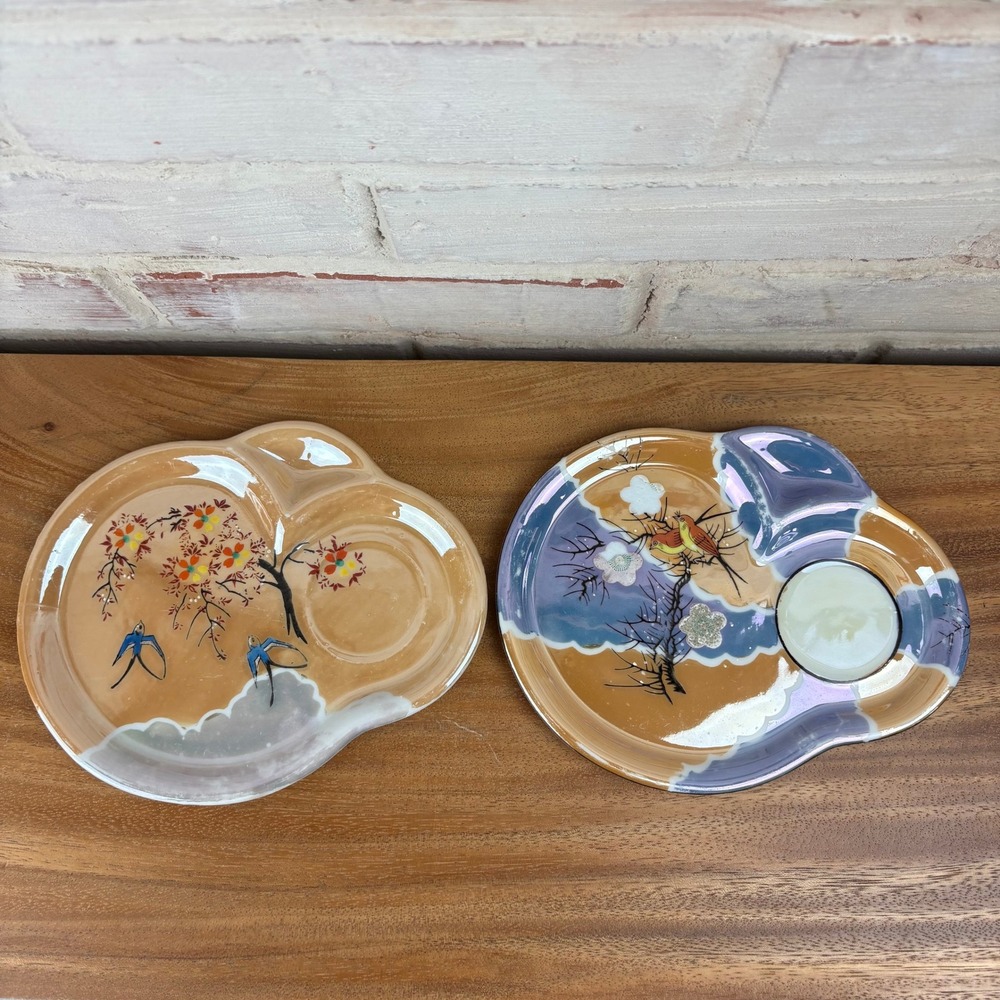 Vintage Japanese Lusterware‎ Snack Plate Set / Tea Snack Tray Birds Blossom